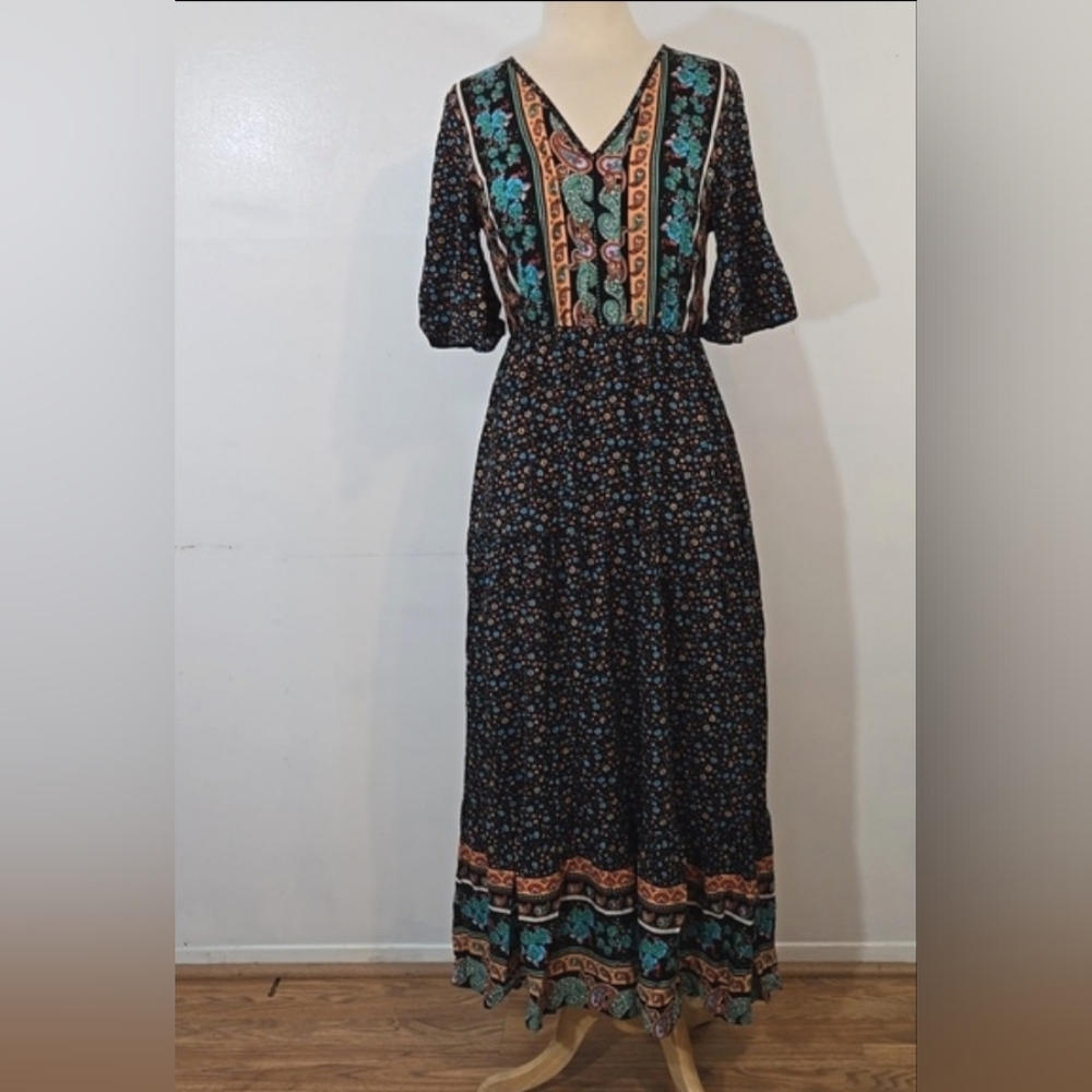 Pretty Garden Boho Floral Print Black & Blue Maxi Dress Meduim